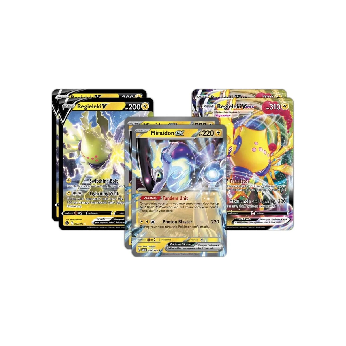 Holo-Karten Miraidon-ex, Regieleki-V und Regieleki-VMAX aus dem Liga-Kampfdeck