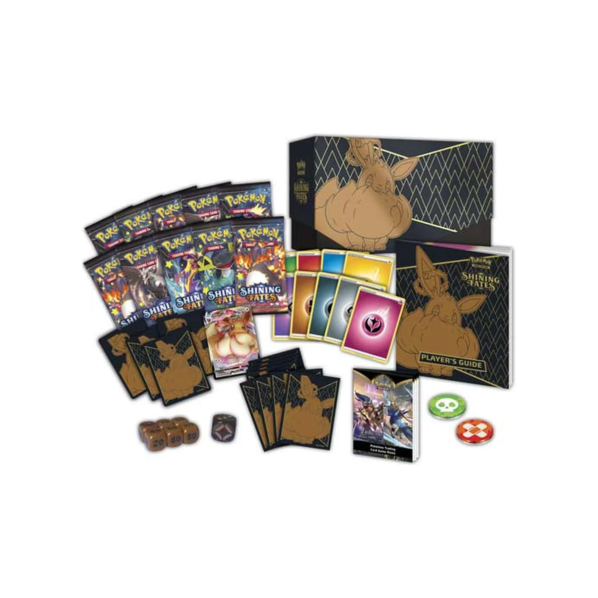 Inhalt der Pokémon Shining Fates Elite Trainer Box mit Eevee-VMAX-Promokarte