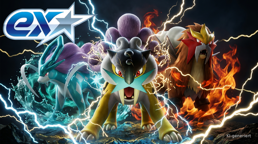 Pokémon ex★ Logo mit Raikou, Entei und Suicune (KI-generierte Illustration)