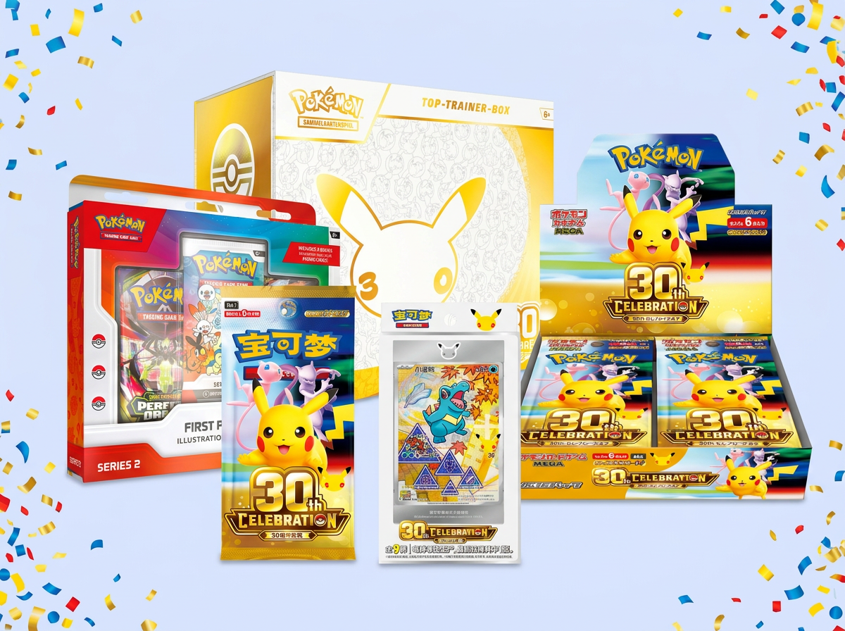 Pokémon 30th Celebration Produkte auf Chinesisch, Japanisch, Deutsch und Englisch
