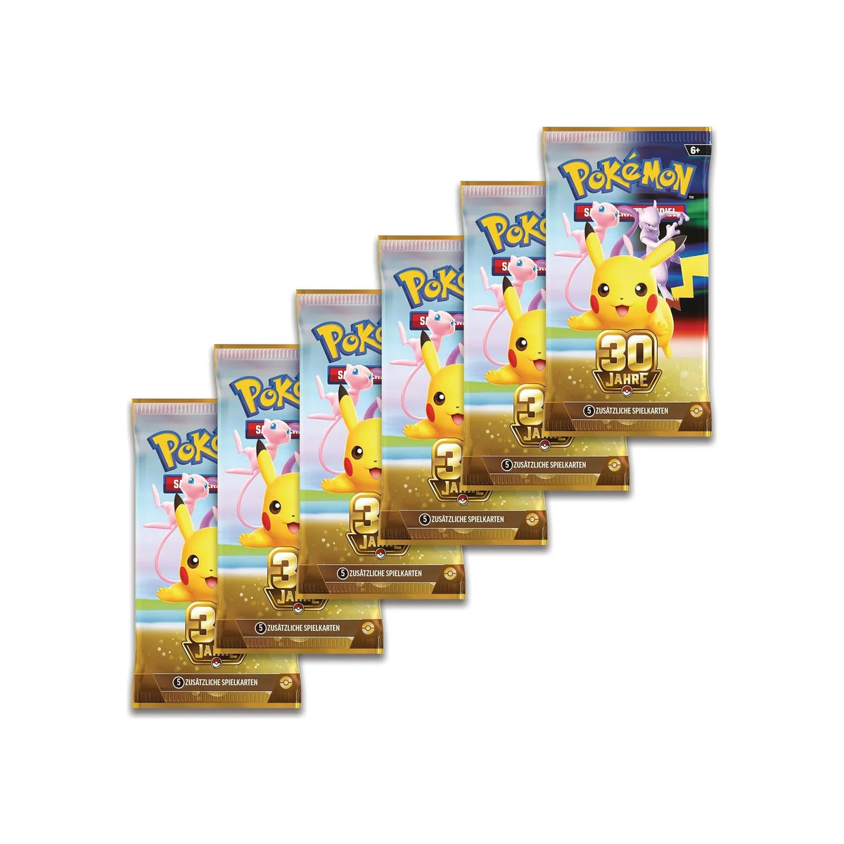 Sechs Booster aus dem Pokémon 30 Jahre Booster Bundle