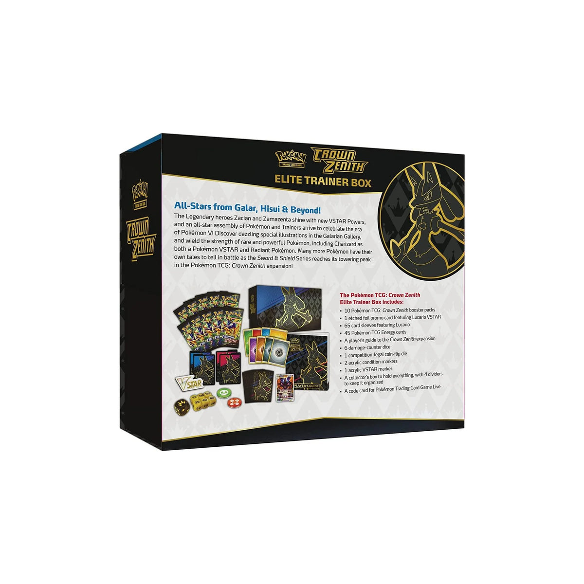 Rückseite der Crown Zenith Elite Trainer Box mit Inhaltsliste
