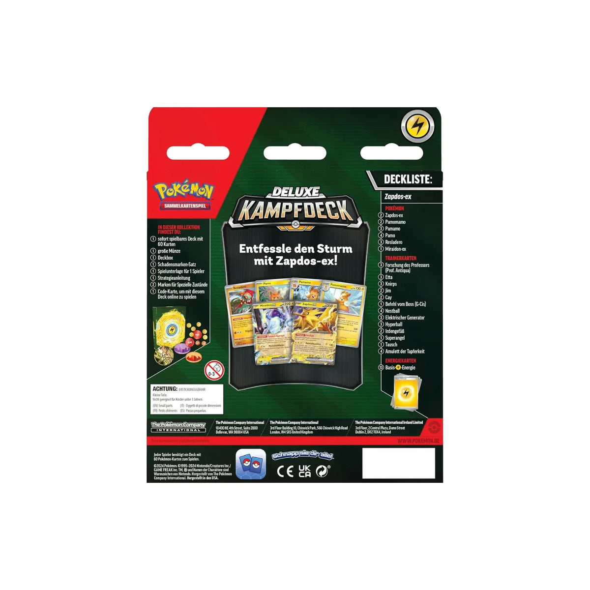 Pokémon Deluxe-Kampfdeck Zapdos-ex Rückseite mit Deckliste