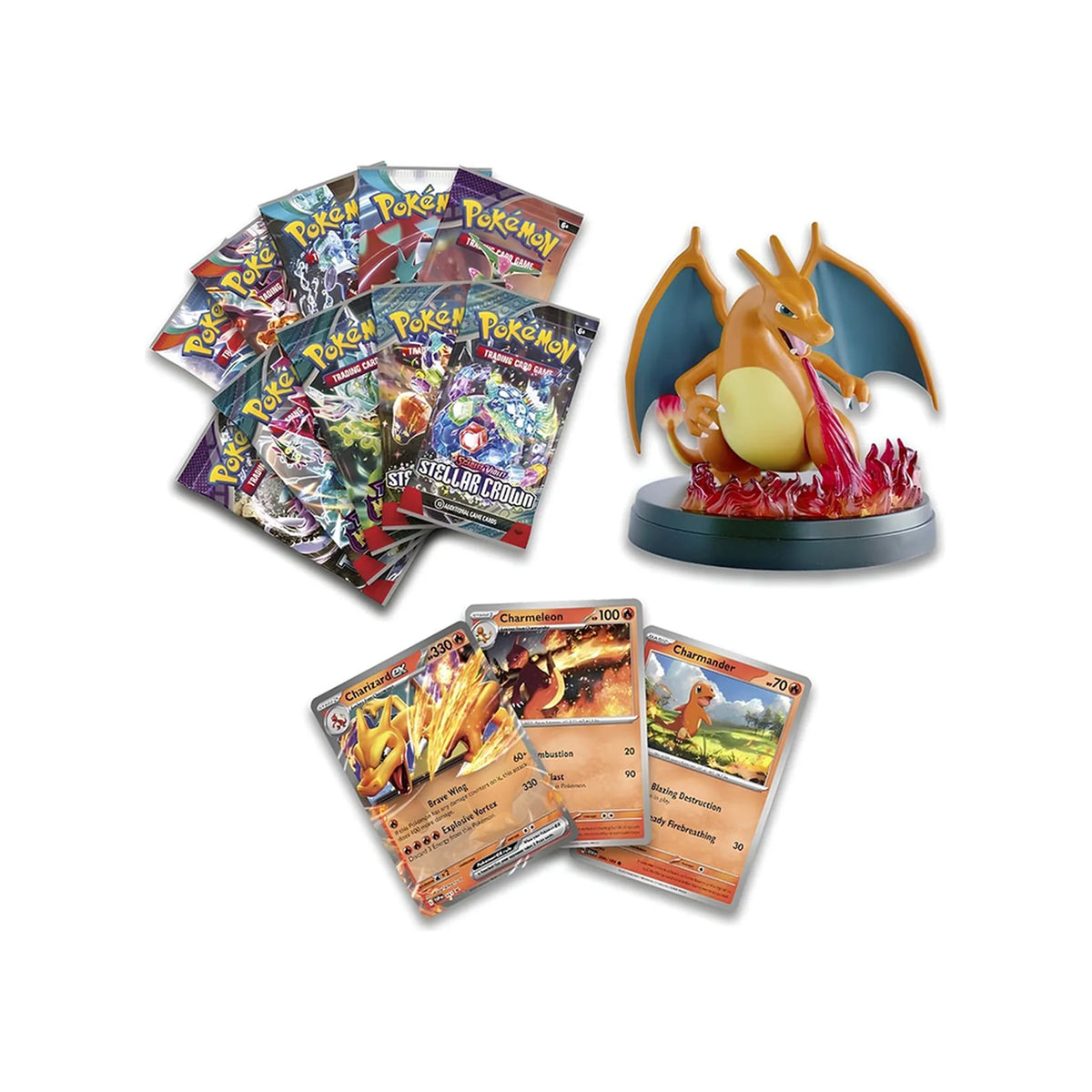 Glurak-Figur, Booster und holografische Karten der Super-Premium-Kollektion